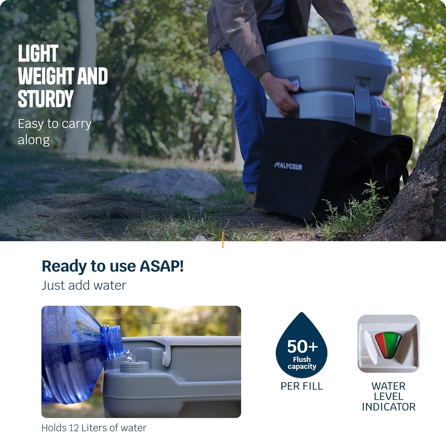 Alpcour WC portatile – Commode compatto per interni ed esterni con borsa da viaggio per campeggio, camper, barca e altro – Pompa a pistone a filo, serbatoio di scarico da 5,3 galloni, beccuccio - immagine 3