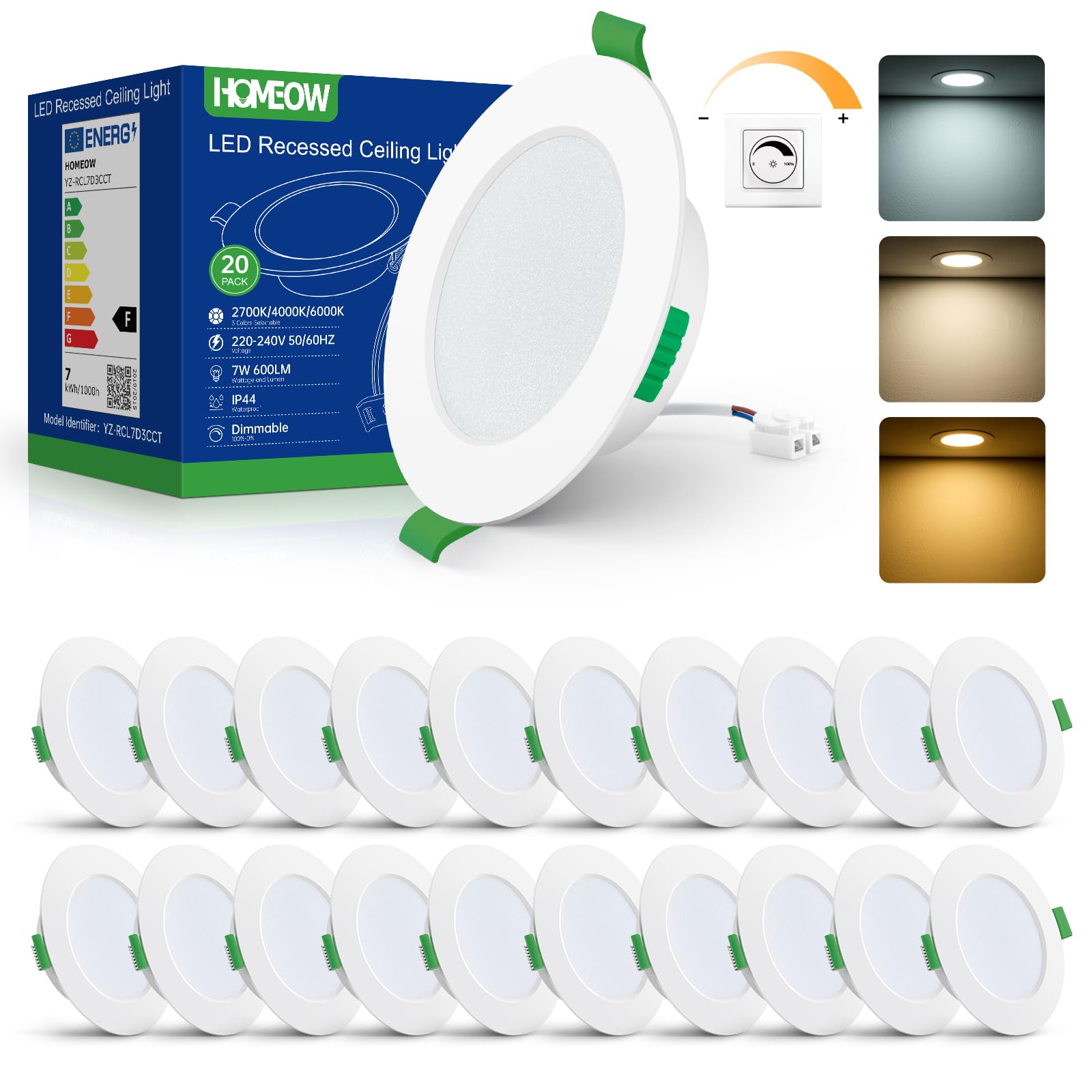 Homeow Set 20 Faretti LED Incasso Dimmerabili 7W