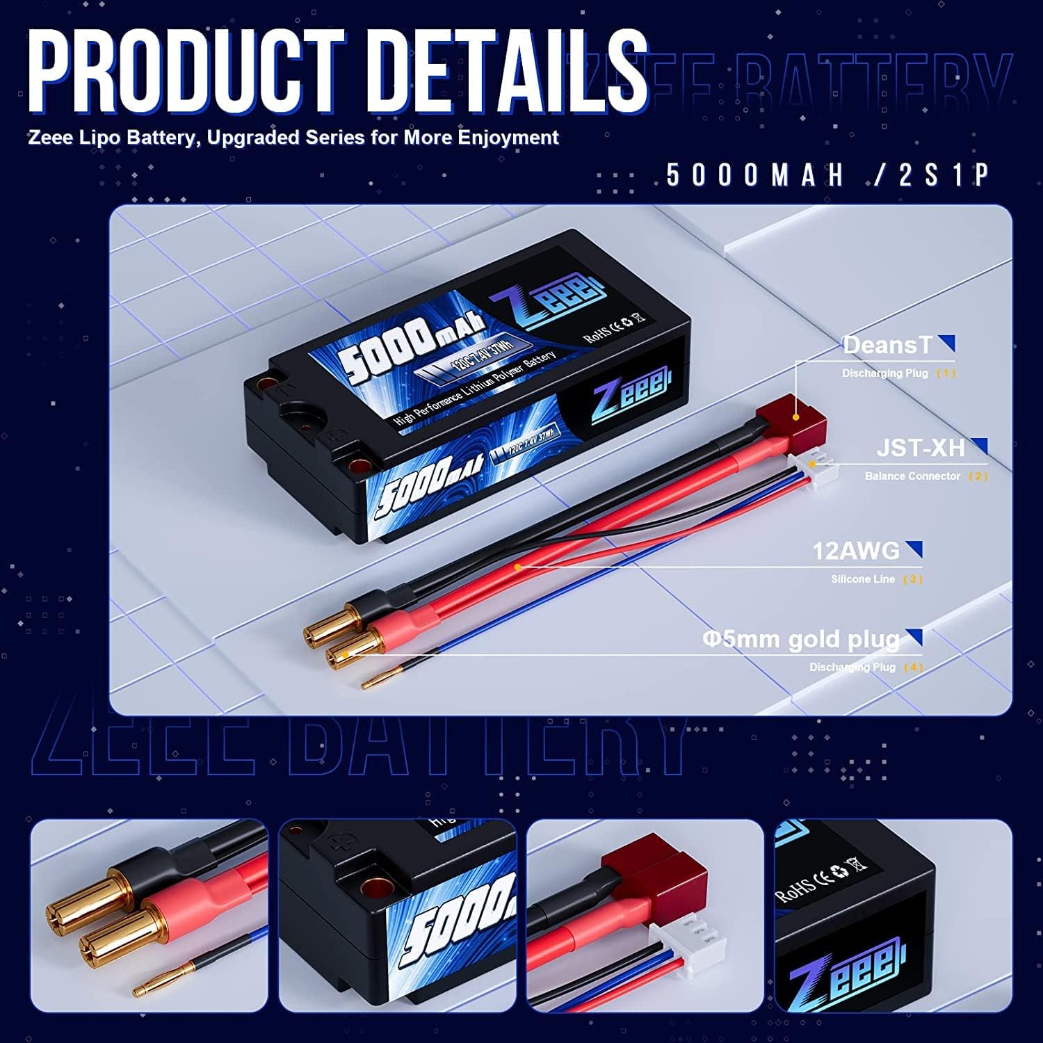 Zeee 2S Lipo Batteria 5000mAh 7.4V 120C (2 Pezzi) - immagine 3