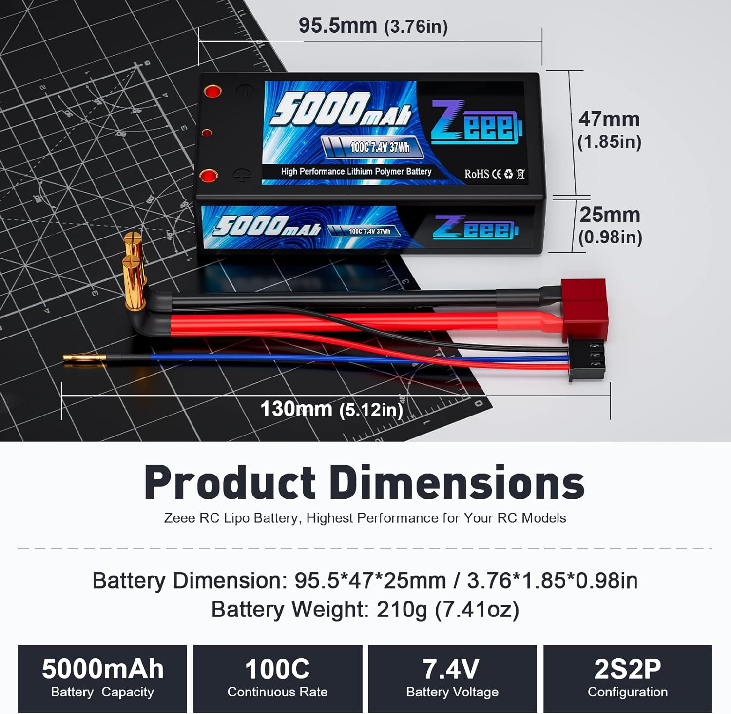 Zeee 2S Lipo 7,4V 5000mAh 100C Batteria RC Hard Case - immagine 2