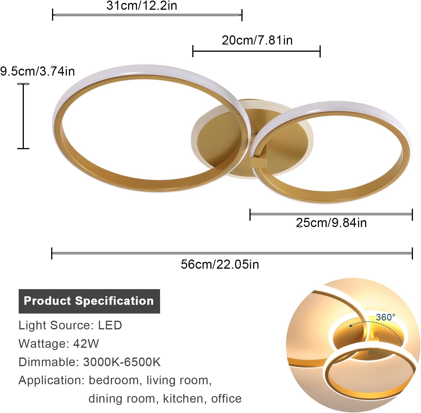 Riserva Plafoniera LED Soffitto Dimmerabile 42W Oro - immagine 3