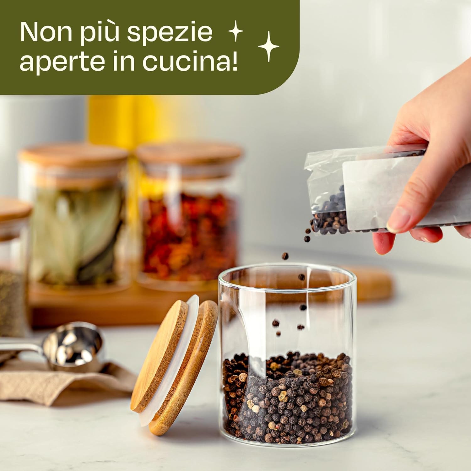 Praknu Set Barattoli Spezie Vetro con Coperchi 8x250ml - immagine 2