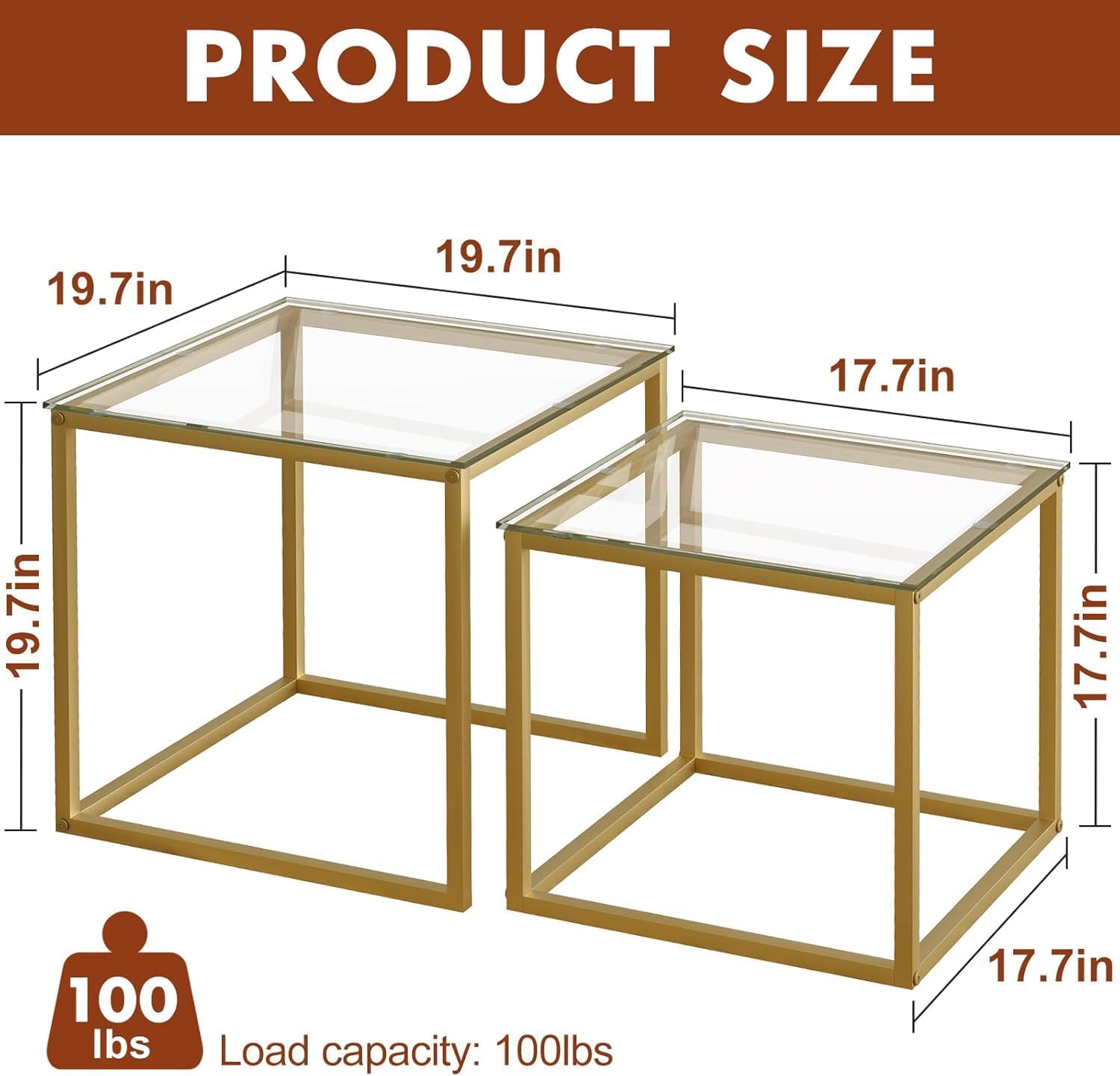 Set 2 Tavolini Quadrati da Salotto, Oro - immagine 3