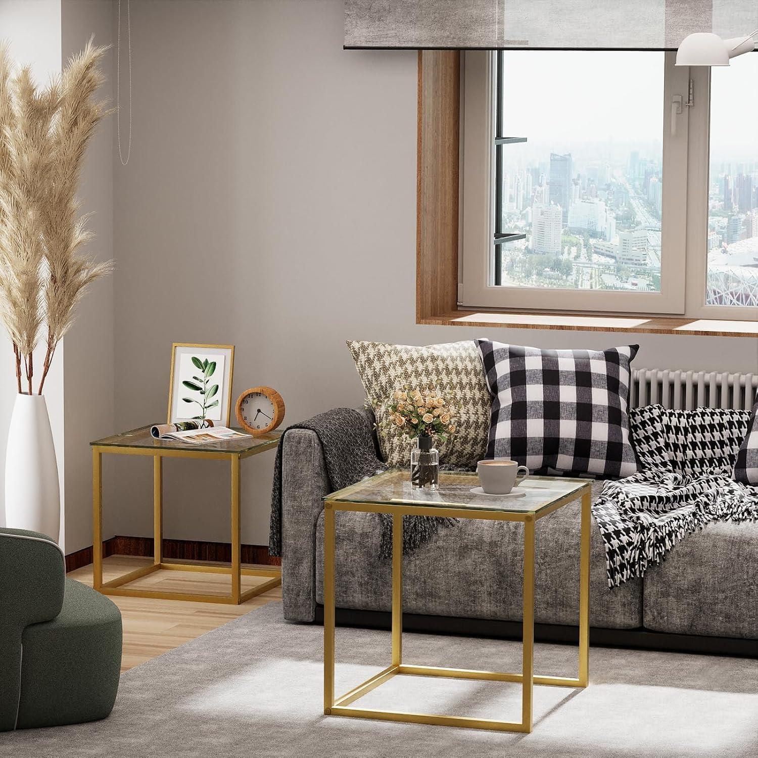 Set 2 Tavolini Quadrati da Salotto, Oro - immagine 5