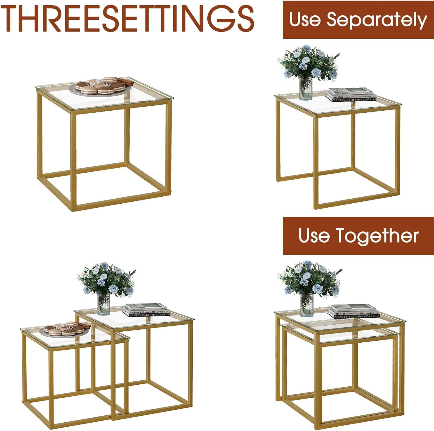 Set 2 Tavolini Quadrati da Salotto, Oro - immagine 6