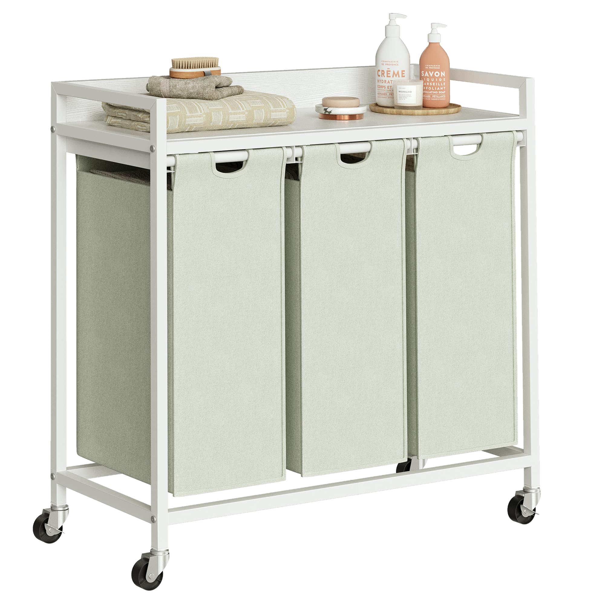 Cesto Portabiancheria 3 Sezioni con Ripiano, Bianco