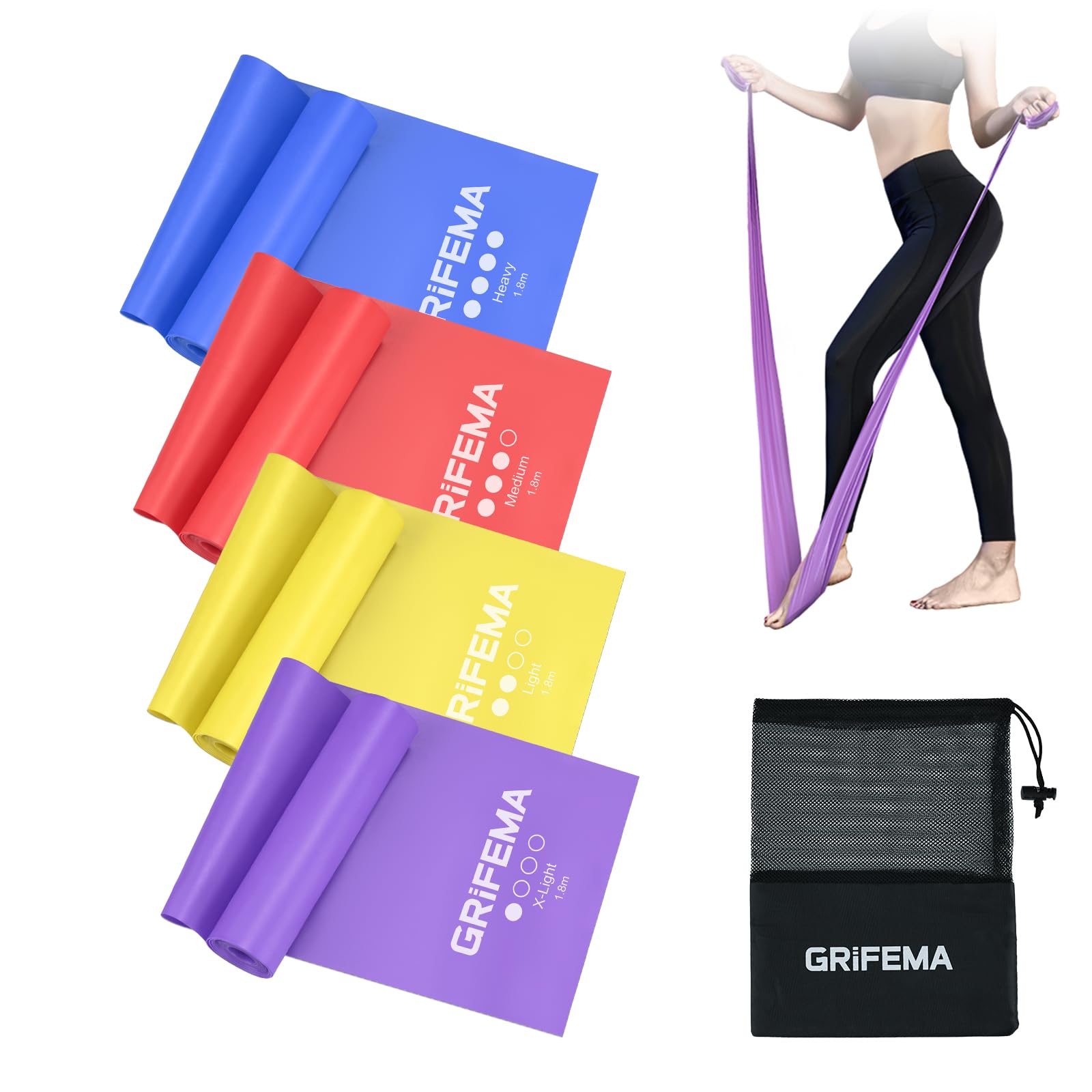GRIFEMA GA5002 Fasce elastiche fitness [set da 4] 1,8 m, fasce elastiche con 4 livelli di resistenza per allenamento della forza, yoga, pilates