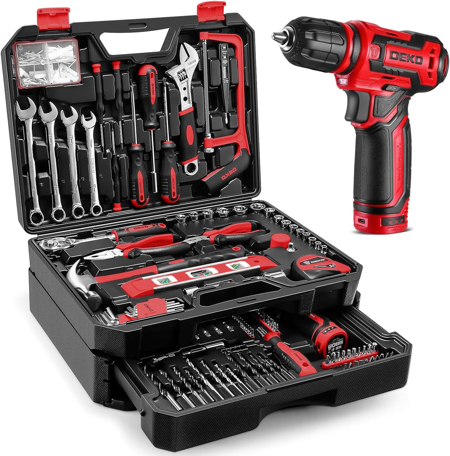 Deko Cassetta Attrezzi Completa 238 Pezzi con Trapano 12V, Rosso - immagine 1