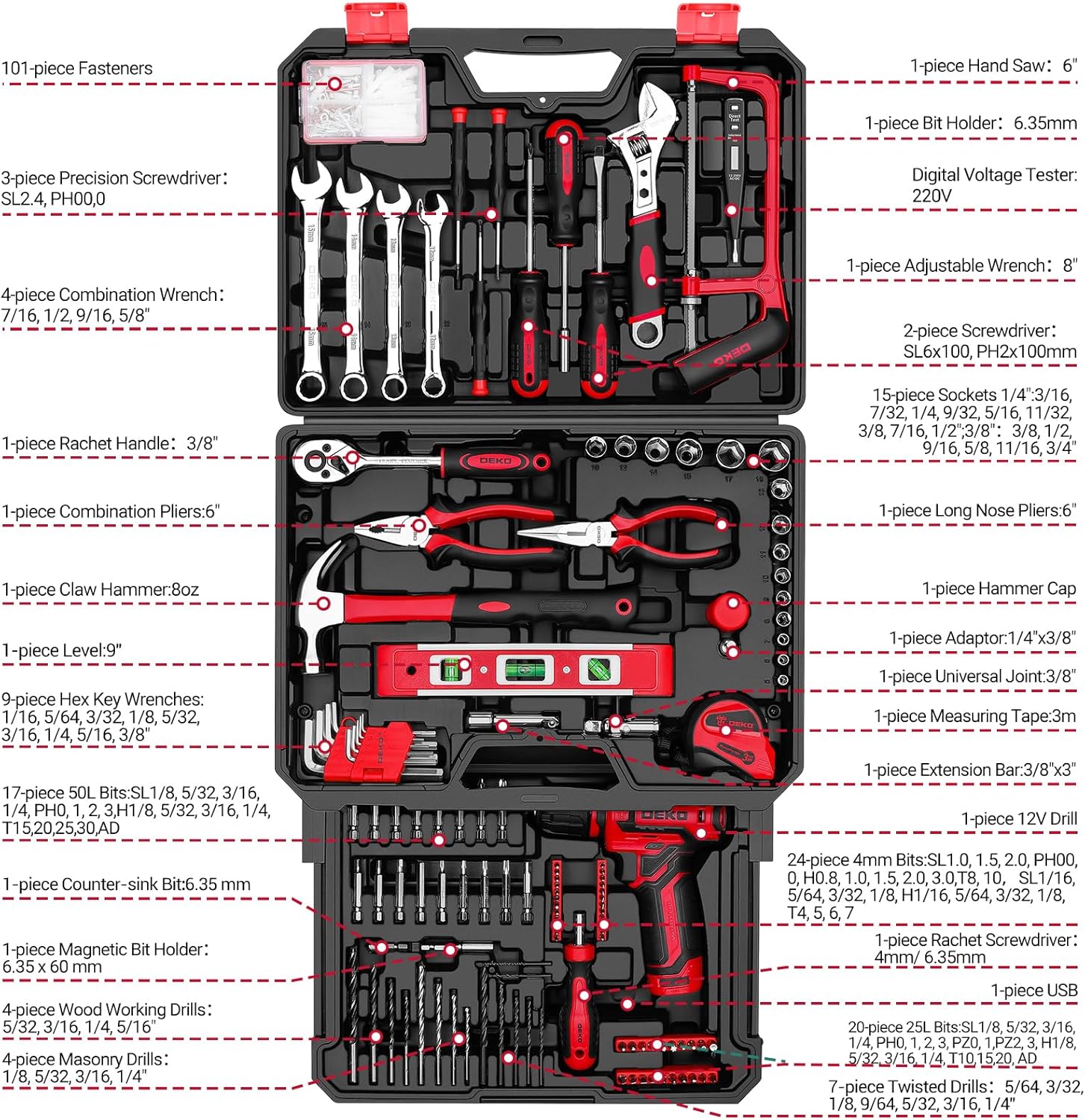 Deko Cassetta Attrezzi Completa 238 Pezzi con Trapano 12V, Rosso - immagine 2