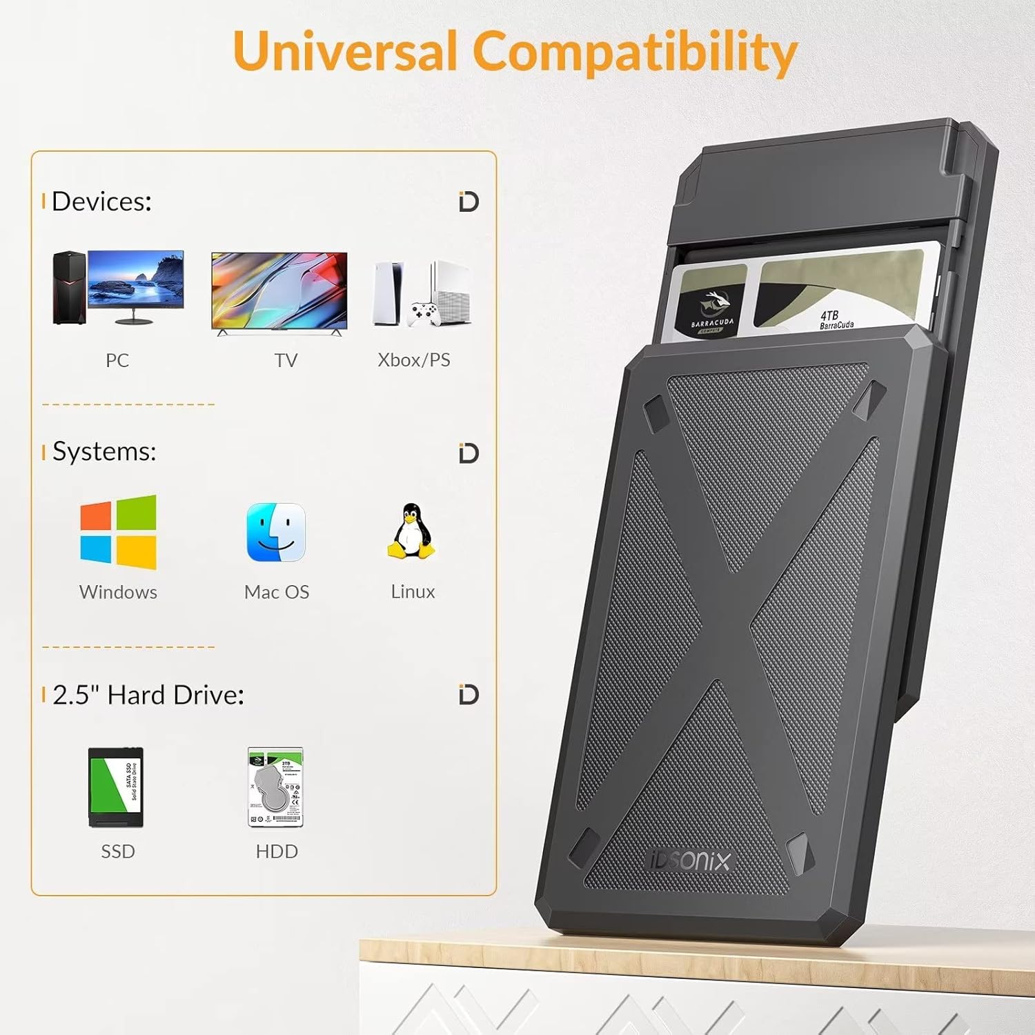 iDsonix Case HDD 2.5 SATA USB 3.1, Nero - immagine 5