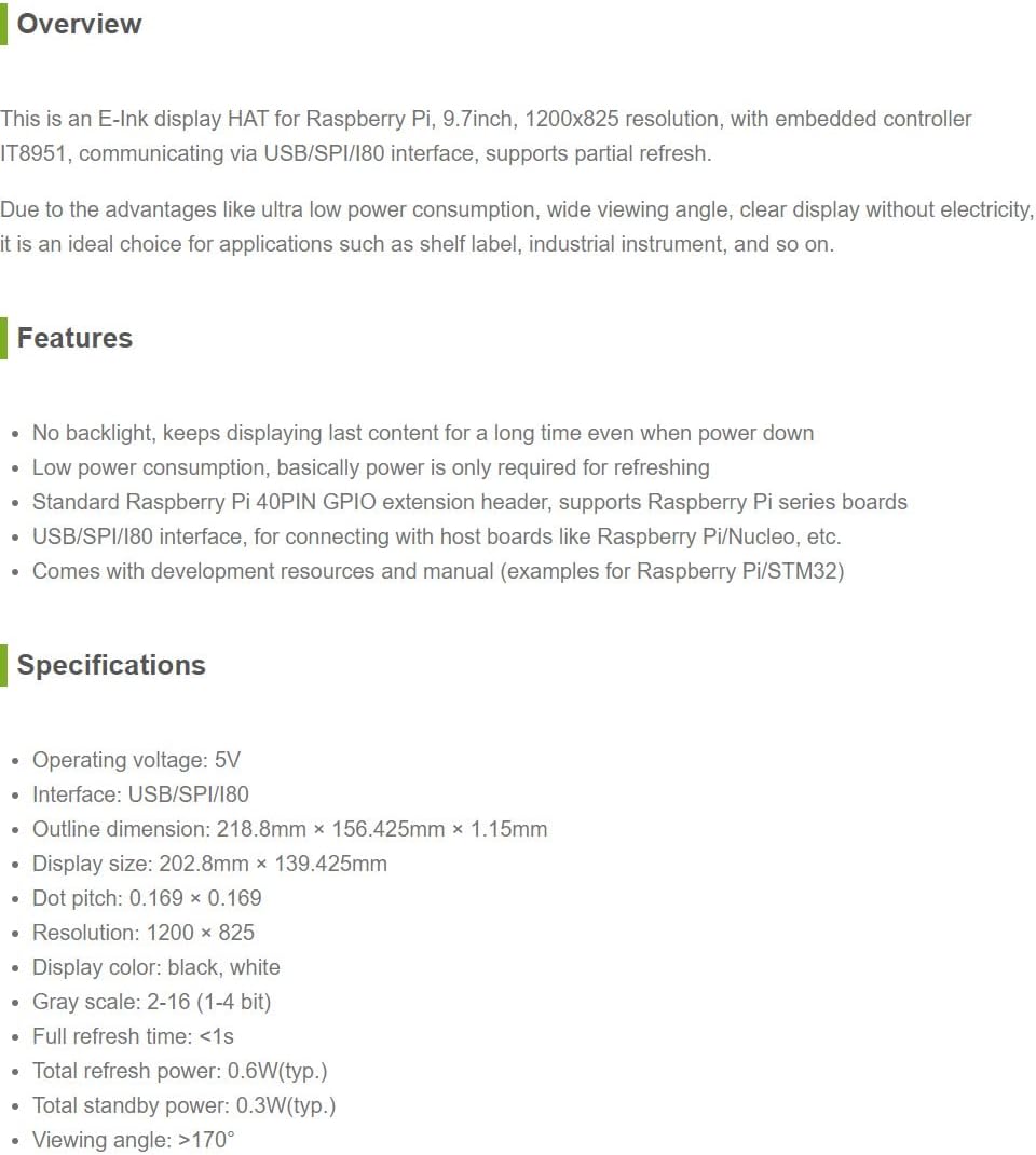 Waveshare 9.7" E-Ink Display HAT per Raspberry Pi - immagine 3