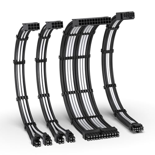 EZDIY-FAB Kit di Estensione del Cavo PSU 12VHPWR,Estensione del di Alimentazione 16AWG PCIE 5.0-1x 24 pin ATX /2X 8Pin (4+4) EPS/1x12+4 pin GPU,Cavo a Manicotto 300MM con Pettini-Nero Bianco