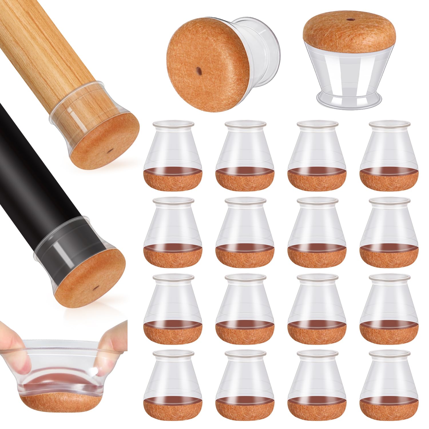 Gommini per Sedie Rotondi con Feltrini Ispessiti (16 pezzi), Trasparente