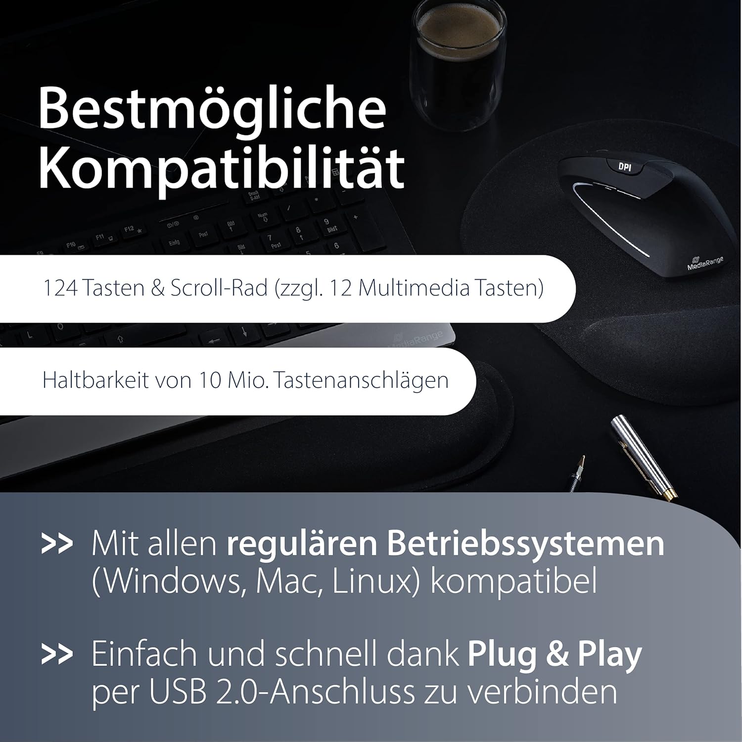 Mediarange Tastiera Ergonomica Multimediale Cablata, Nera - immagine 4