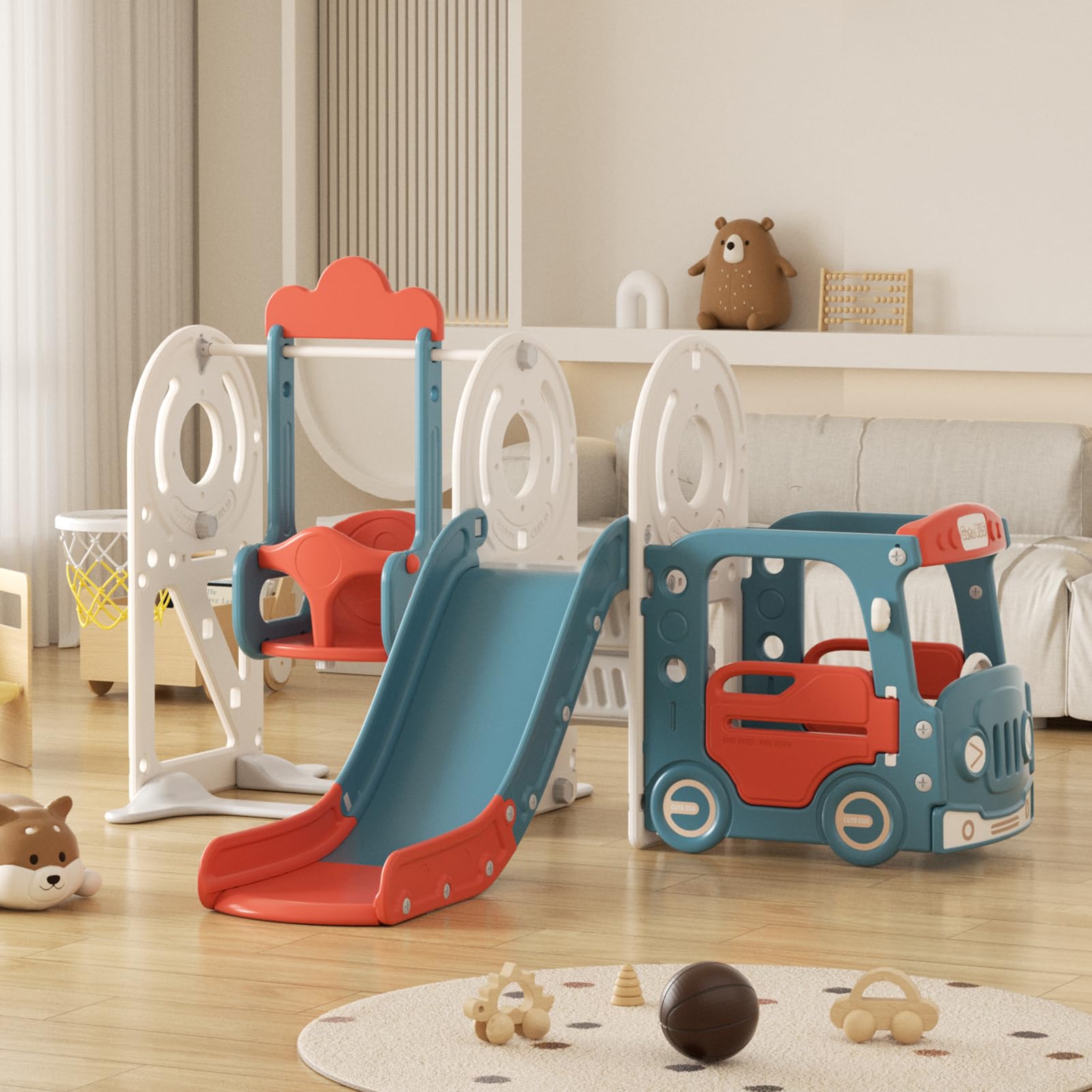 Scivolo e Altalena per Bambini con Scala da Arrampicata: Parco Giochi per Interni ed Esterni con box Portaoggetti Tunnel Scale Canestro da Basket e Zona di Passaggio (Bus Set-H-Red)