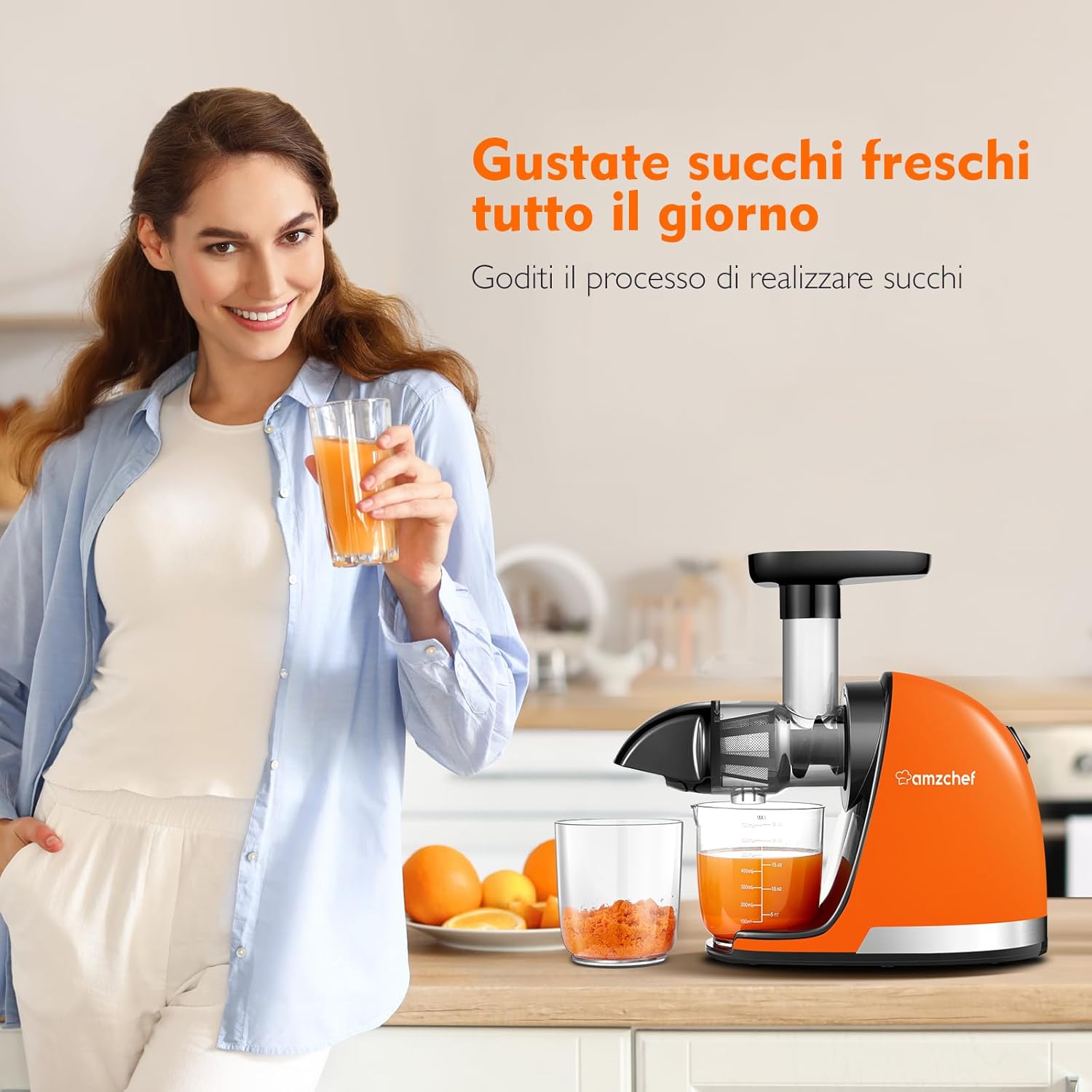 Amzchef Estrattore Succo a Freddo Senza BPA, Arancione - immagine 2