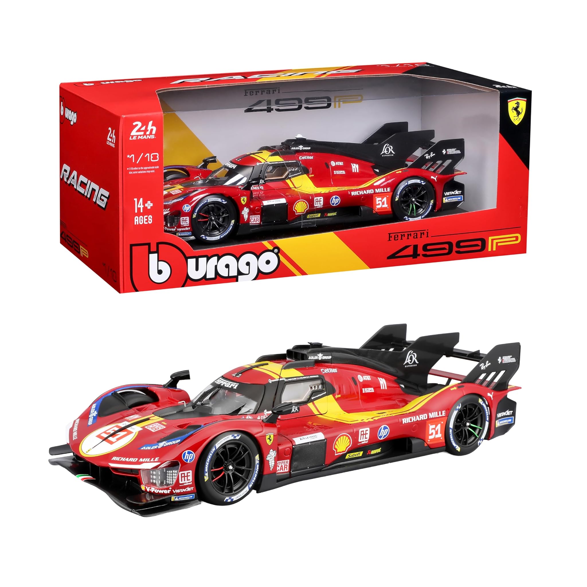 Bburago - Ferrari 499P 24H LMH Hypercar 2025#51, Auto Diecast in Scala 1:18, Replica Dettagliata con Porte Apribili, Livrea Ufficiale Ferrari, Età Consigliata 14+ Anni