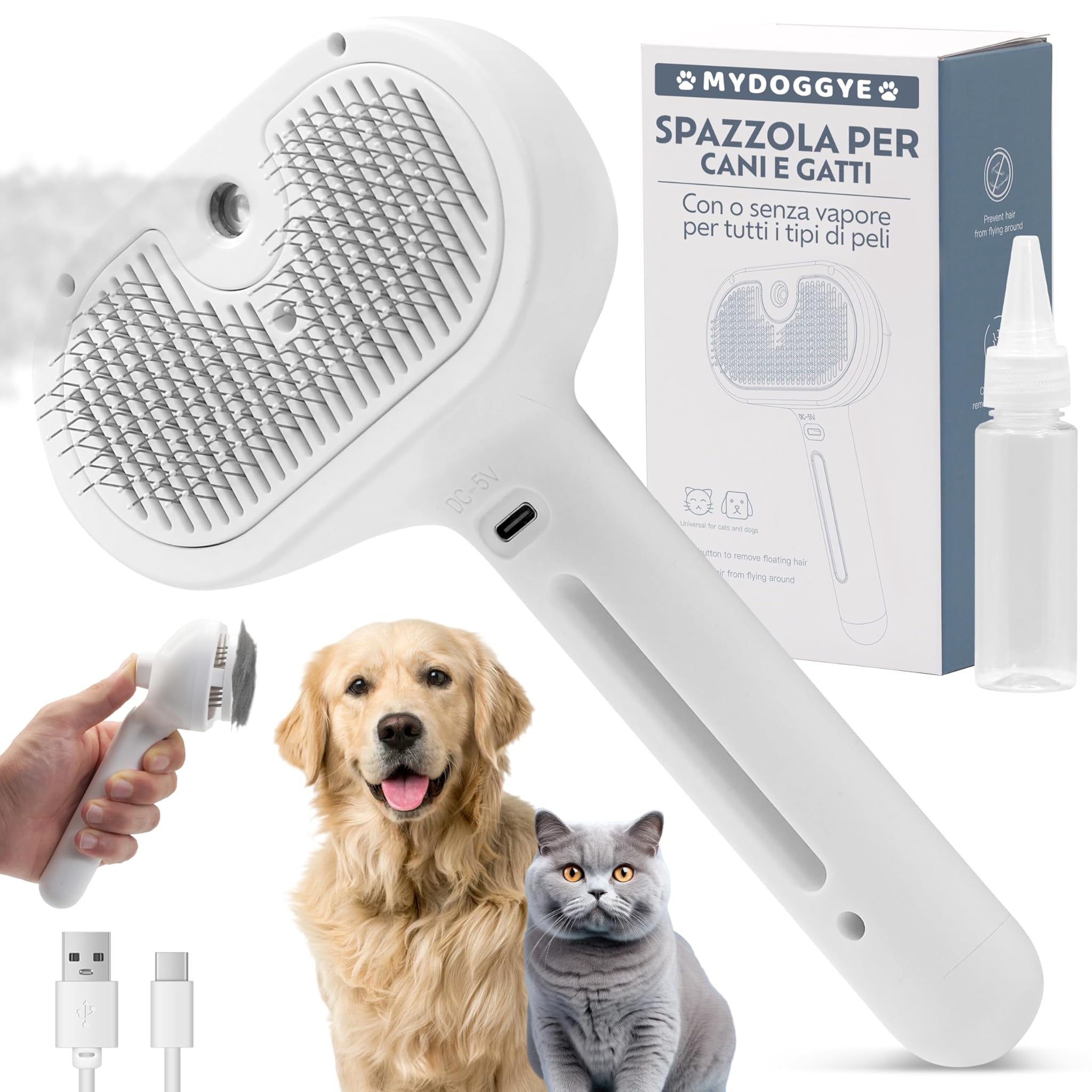 Spazzola a Vapore per Cani Gatti - Spazzola con Vapore per Cani Gatti 3in1 PELO LUNGO E CORTO - Ricaricabile con Cavo USB e Boccetta in Dotazione - Pettine Gatto
