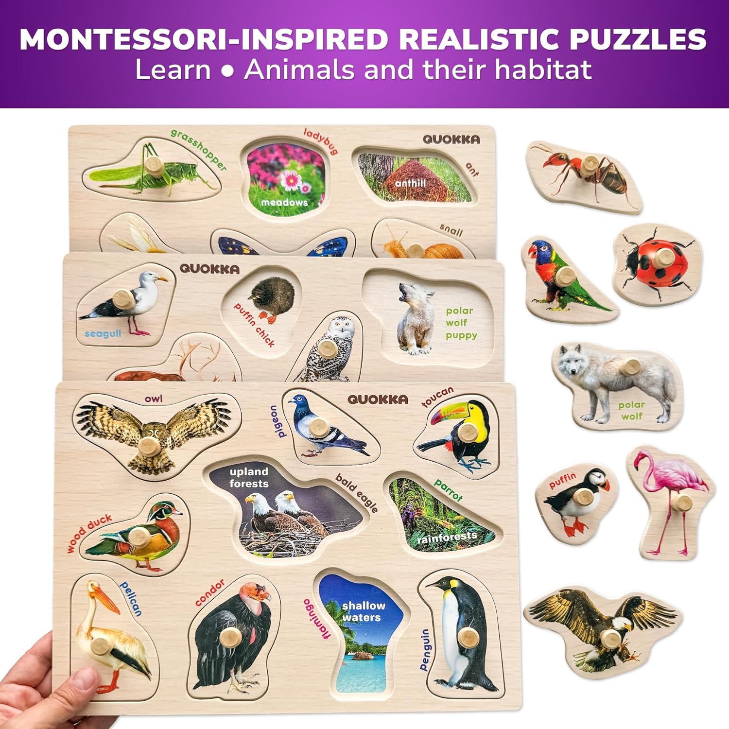 Quokka Set 8 Puzzle Realistici in Legno Montessori - immagine 5