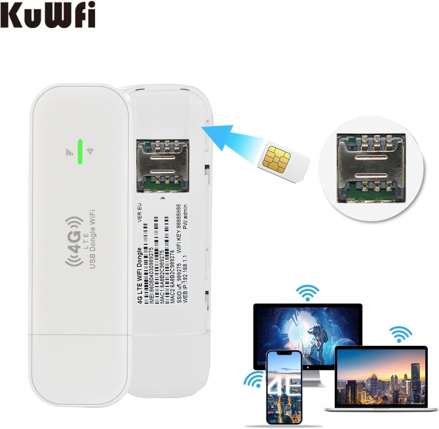 KuWFi Chiave Internet 4G 150 Mbps, 4G LTE USB Dongle WiFi, Wireless Cle ...