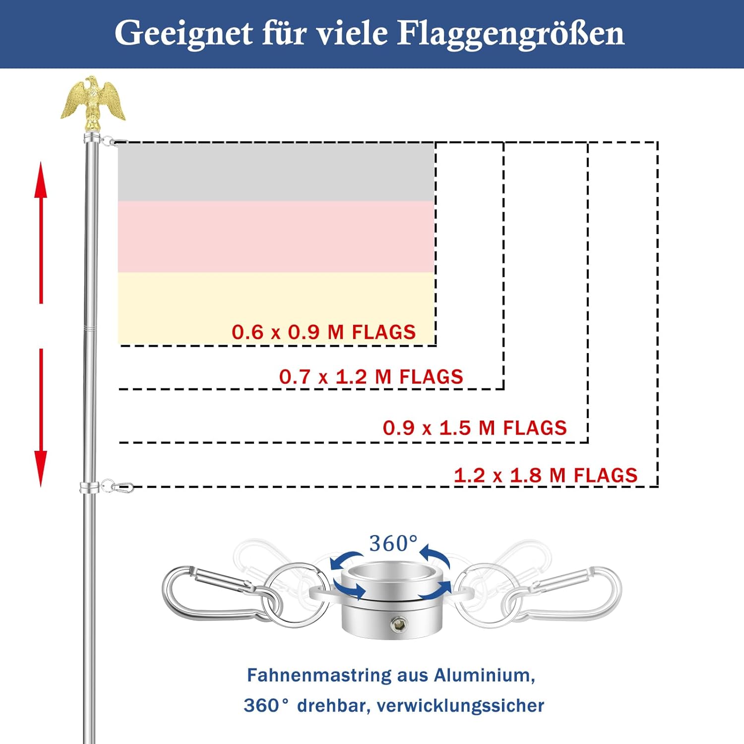 NQ Asta per Bandiere Stabile con Aquila 1,5m, Argento - immagine 4
