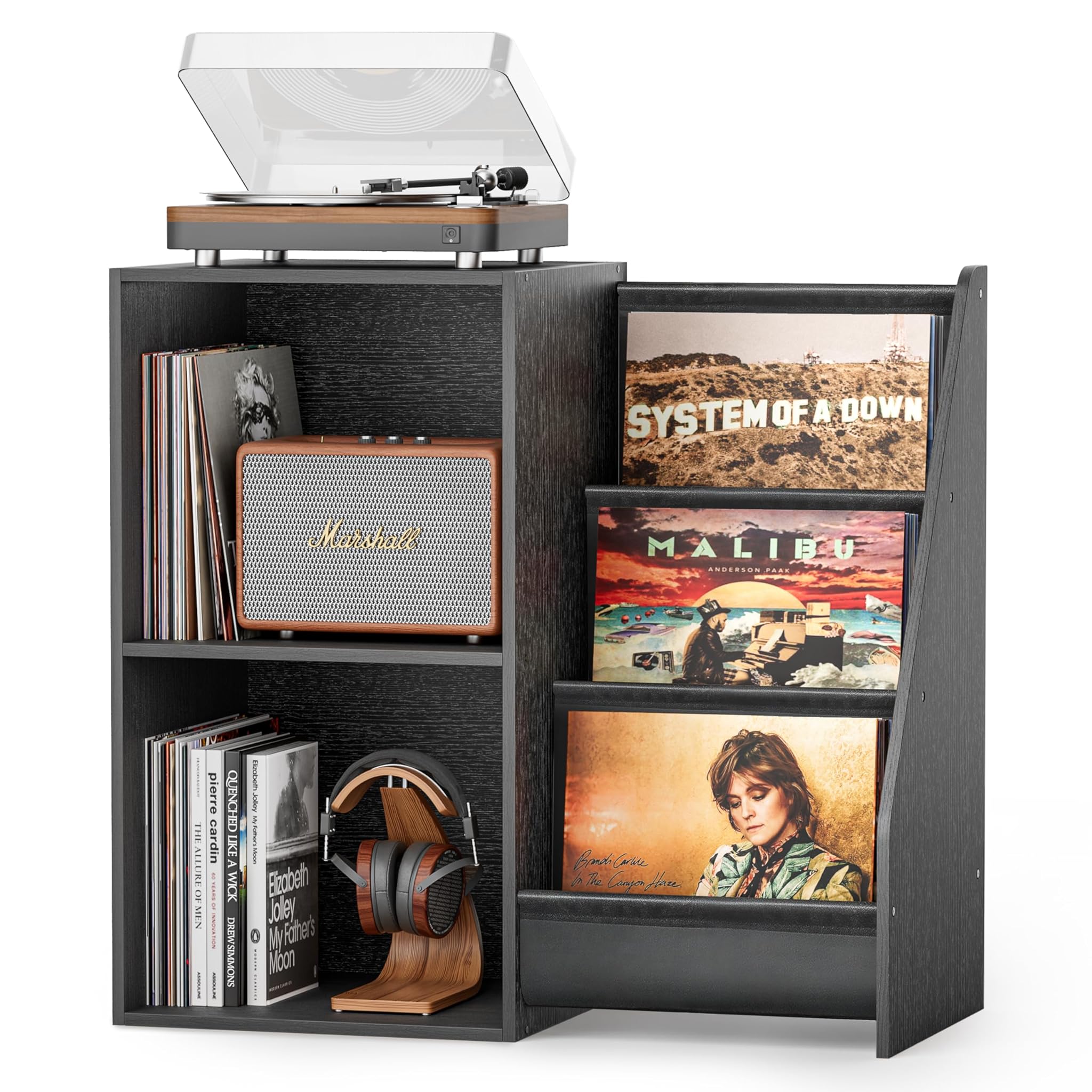 Bikoney Mobile per Giradischi con Porta Vinili, Nero Vintage