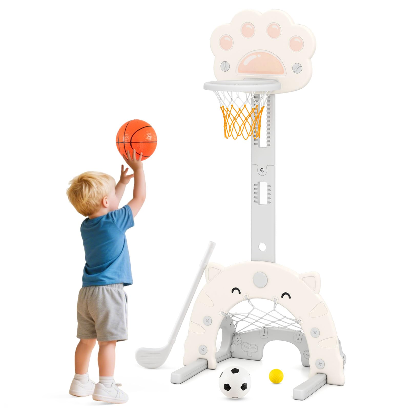 FANTASK Set di cestini da basket per bambini, 3 in 1, altezza regolabile, con cestino pieghevole per pallacanestro, calcio, golf, multifunzione, per interni ed esterni, per bambini dai 3 anni, beige