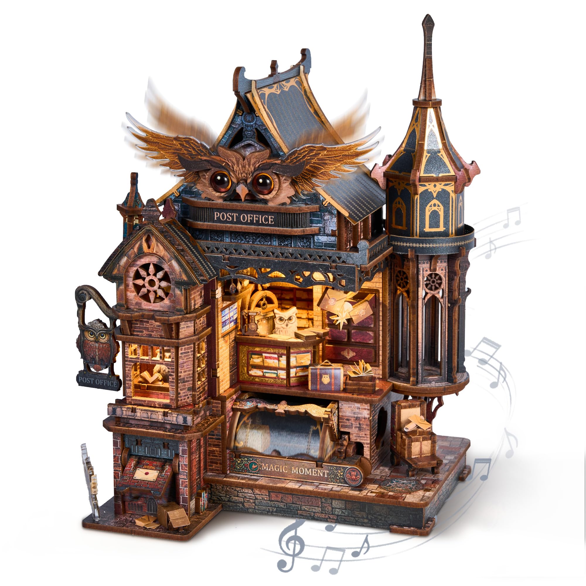Puzzle 3D in legno con LED Ufficio Postale del Gufo – Modello dinamico con ingranaggi meccanici, kit miniatura DIY con musica e luci LED, regalo decorativo per adulti e ragazzi