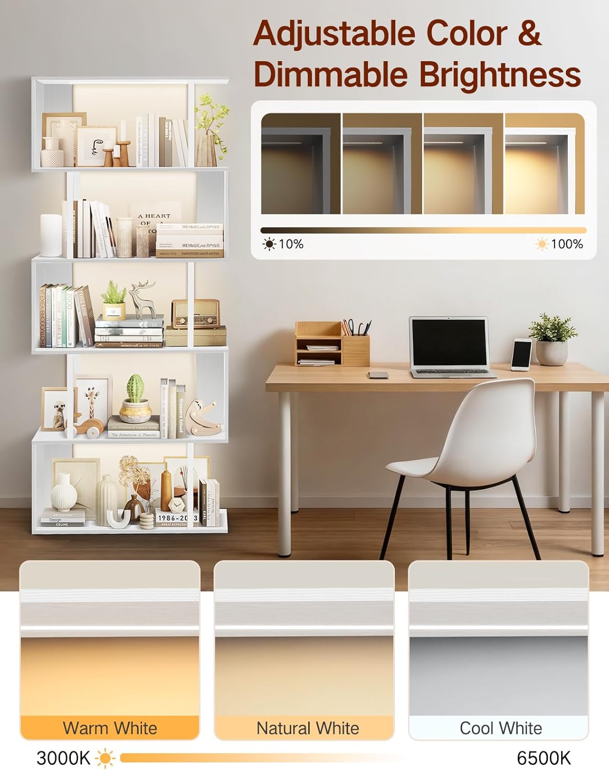 Libreria a Forma di S con Luce e 5 Ripiani - immagine 2