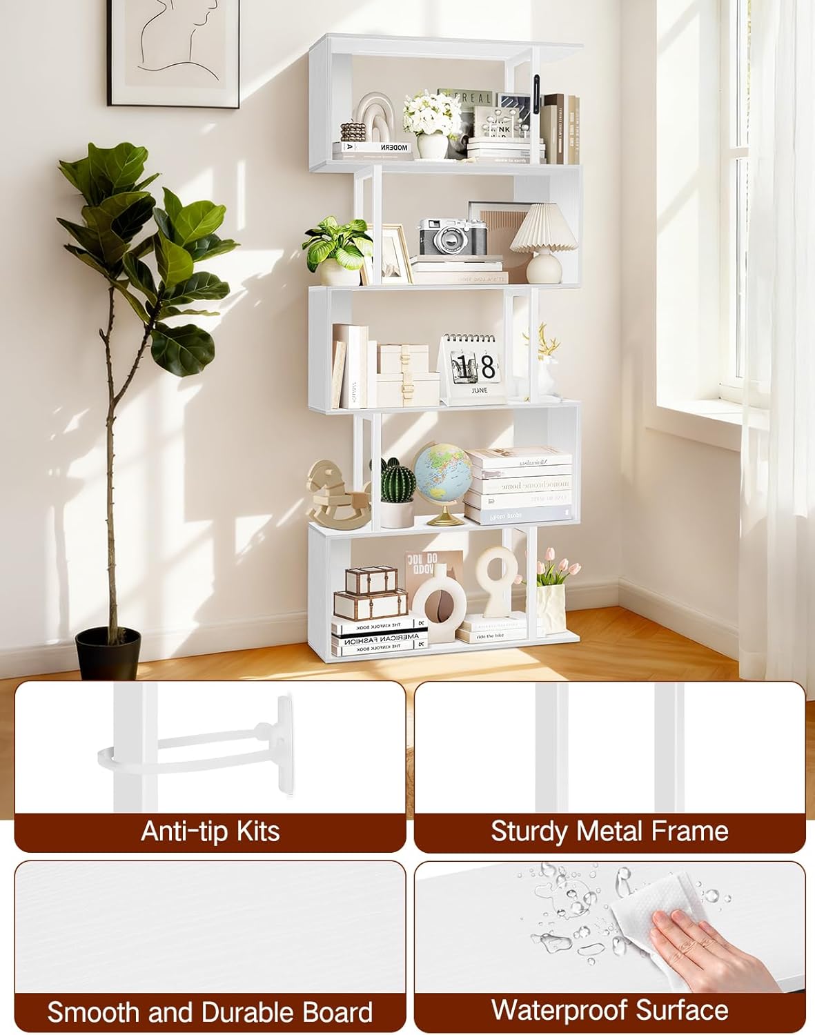 Libreria a Forma di S con Luce e 5 Ripiani - immagine 6