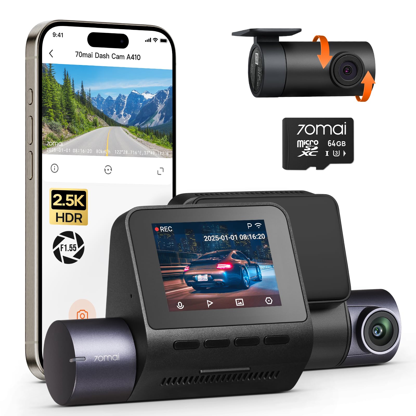 70mai Dash Cam Anteriore e Posteriore A410 2.5K+1080P