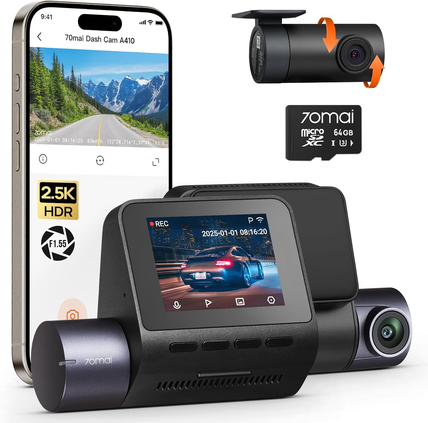 70mai Dash Cam Anteriore e Posteriore A410 2.5K+1080P - immagine 1