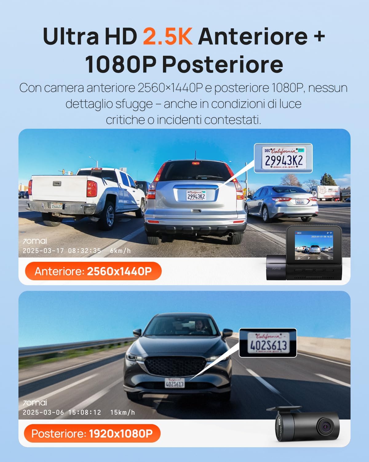 70mai Dash Cam Anteriore e Posteriore A410 2.5K+1080P - immagine 2