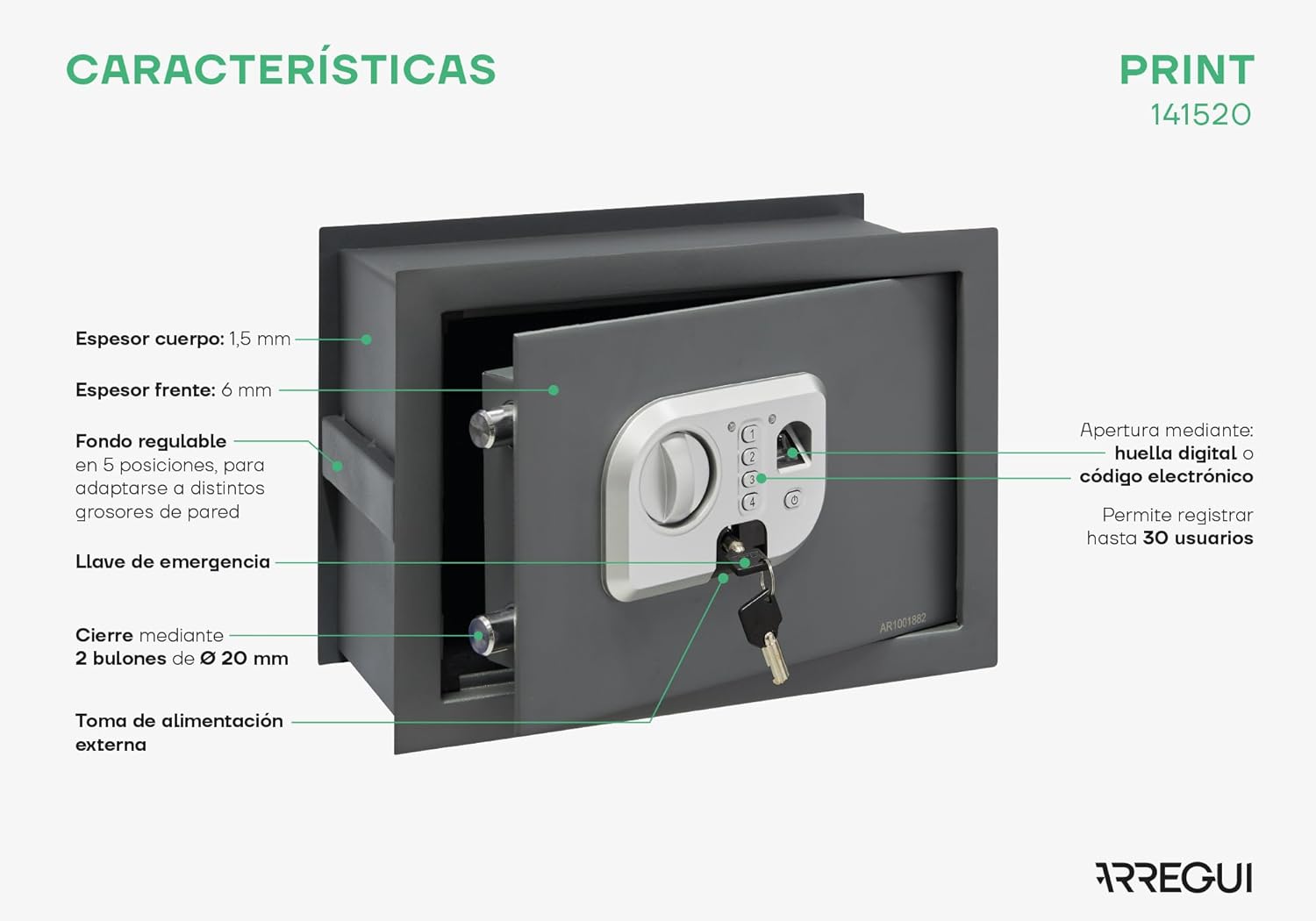 ARREGUI Print 141520 Cassaforte a Parete Biometrica - immagine 3