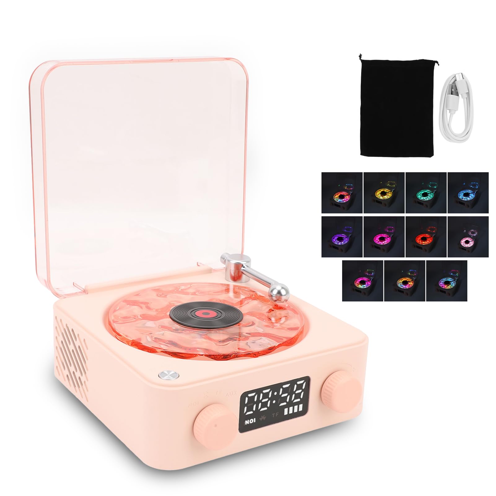 Altoparlante Bluetooth a Forma di Giradischi Vintage, Suono Stereo, Altoparlante Wireless Portatile a Quattro modalità con Orologio e Luce Ambientale per Camera da Letto, (Rosa)