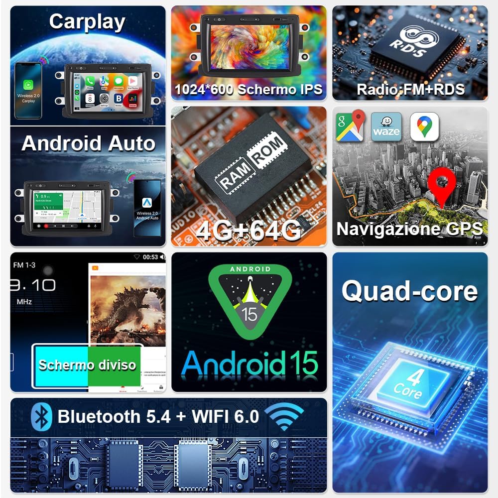Autoradio Android 15 per Renault Dacia Duster Logan Sandero Dokker - immagine 3
