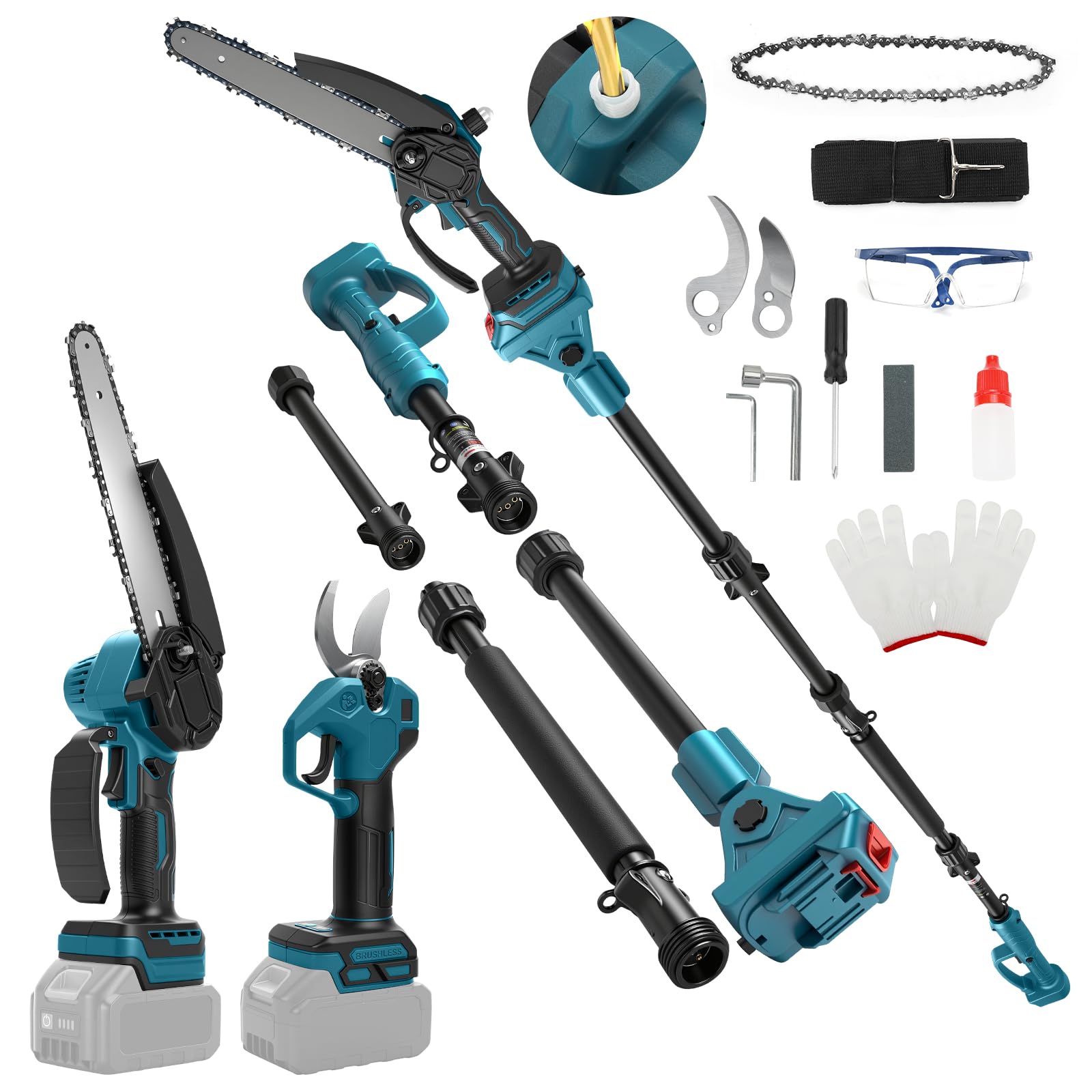 Mini motosega da 8 pollici con asta telescopica e cesoie elettriche da 28 mm, set di attrezzi da giardino 4 in 1, compatibile con batteria Makita, portata massima fino a 4 m (batteria non inclusa)