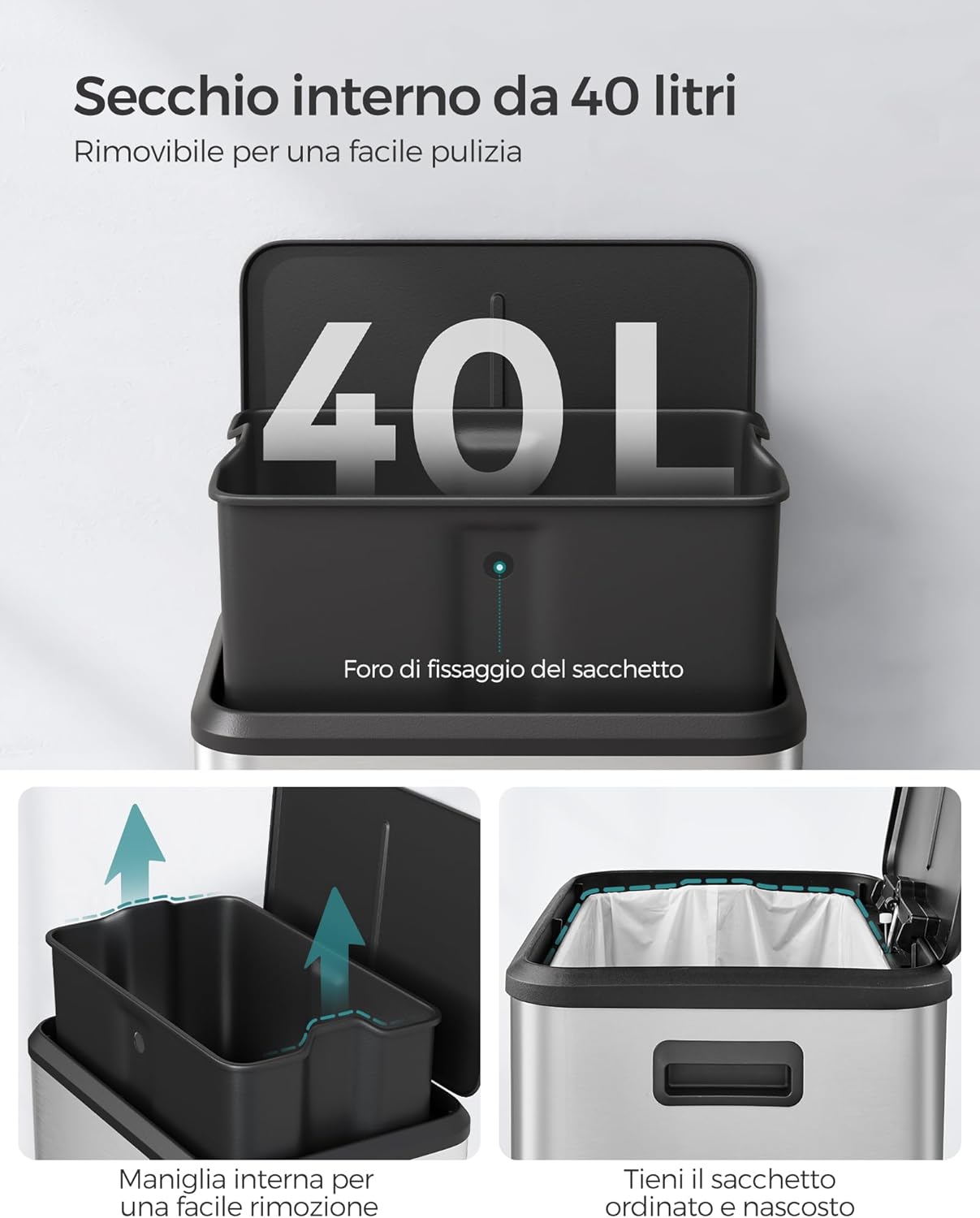 Songmics Cestino per Rifiuti 40 Litri con Pedale, Argento - immagine 5