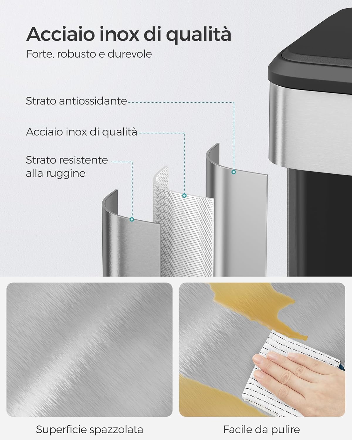 Songmics Cestino per Rifiuti 40 Litri con Pedale, Argento - immagine 6