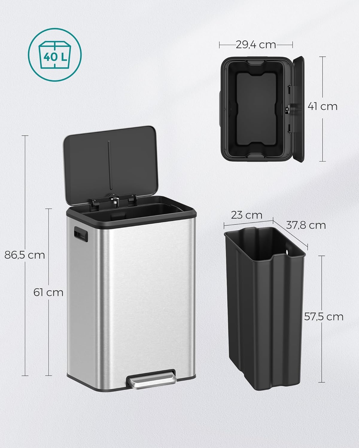 Songmics Cestino per Rifiuti 40 Litri con Pedale, Argento - immagine 7