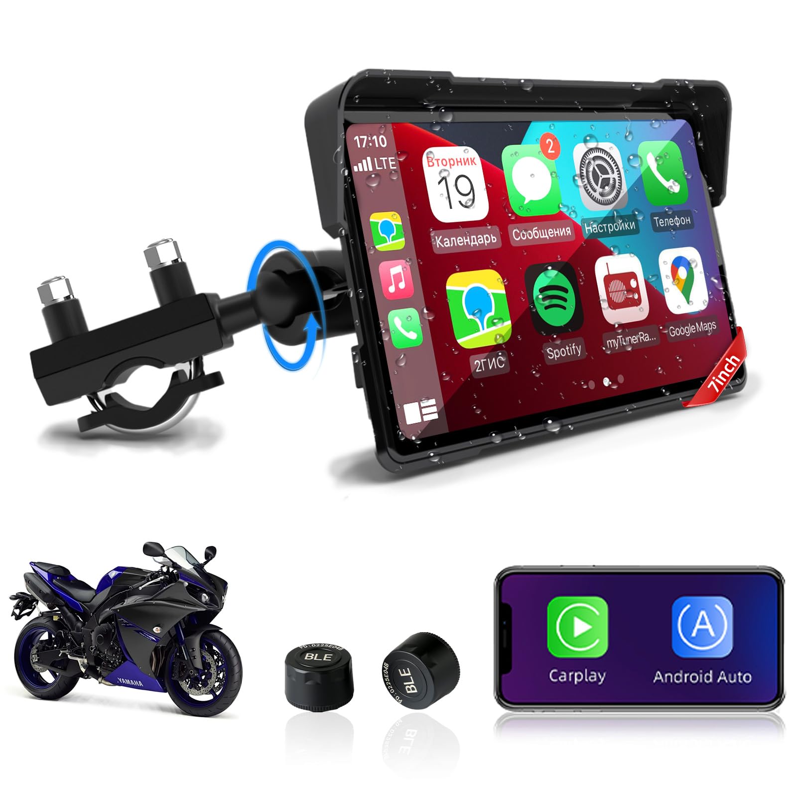 Jansite Carplay Moto Android Auto con TPMS Sistema, 7" Schermo Navigatore moto car play IP67 Impermeabile Touchscreen, Bluetooth, Siri/GoOgle Assistant