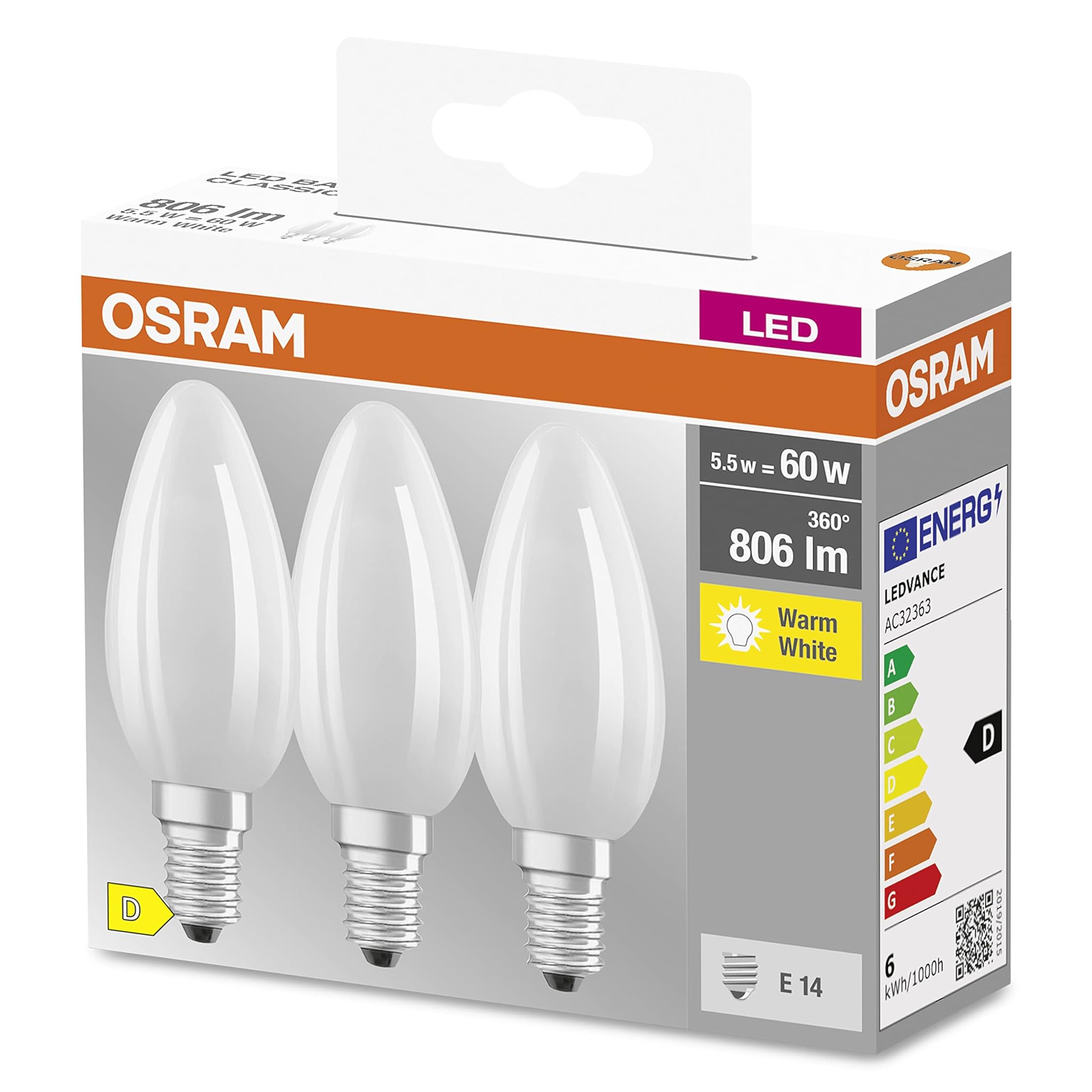 Osram LED-Lampe Candela E14 5.5 Watt, 3-Pack