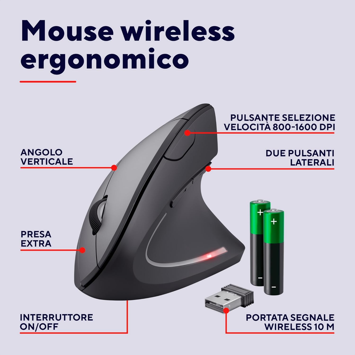 Trust Verto Mouse Verticale Wireless Ergonomico, Nero - immagine 2