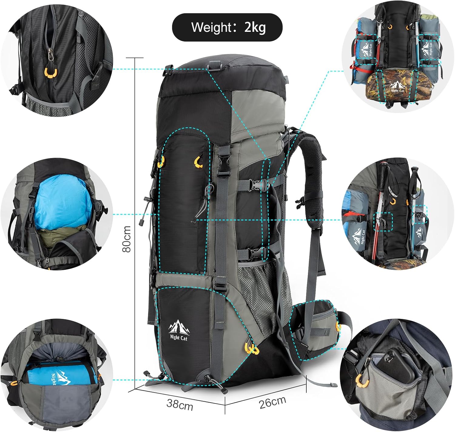 Night Cat Zaini da Hiking Trekking 70L 90L - immagine 2