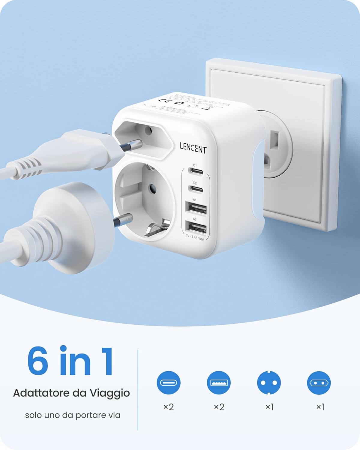 Lencent Adattatore Presa Americana Pieghevole - immagine 3