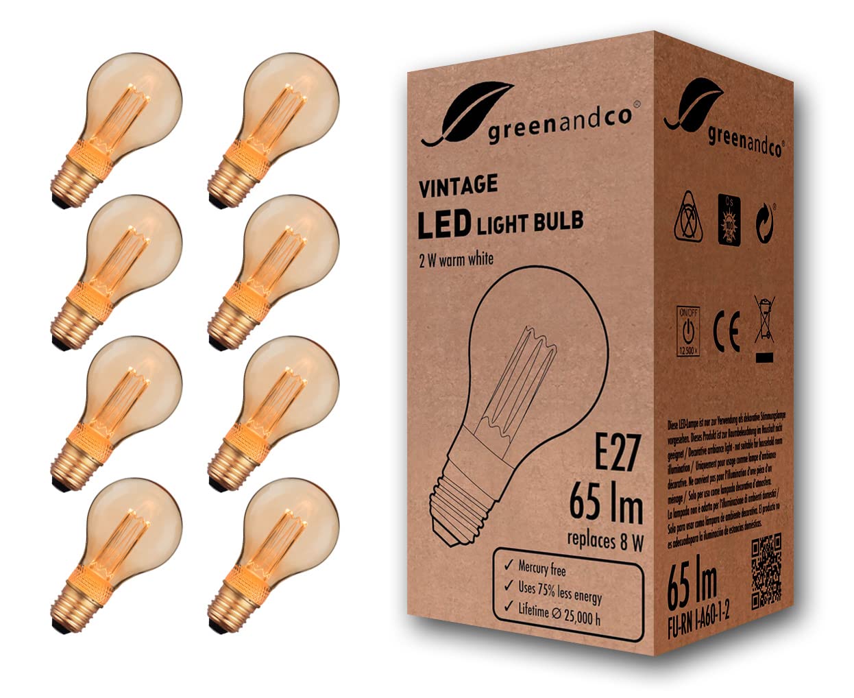 Greenandco® Lampadina LED Vintage E27 A60 2W - 8 Pezzi