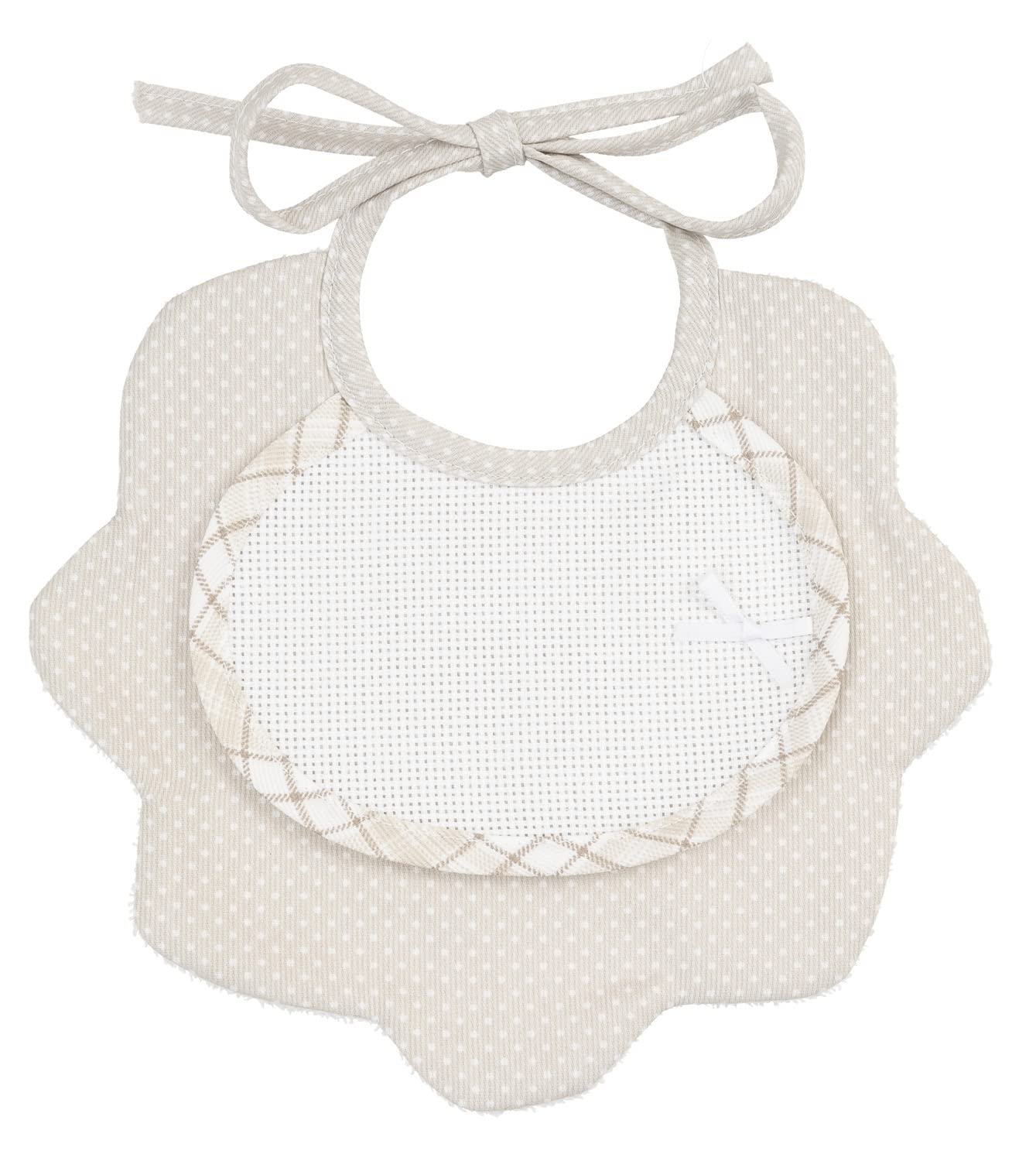 Filet - Bavaglino Doppio in Piquet di Cotone Stampato a Pois e Spugna Bianca, Inserto in Tela Aida da Ricamare, Made in Italy, Tortora