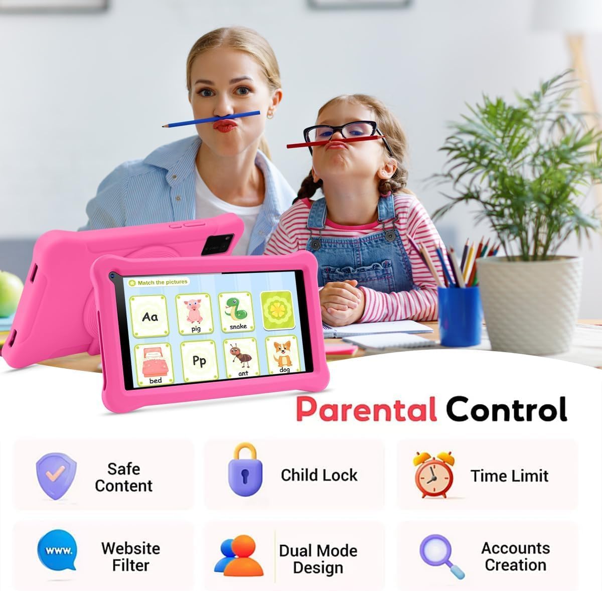 Tablet per Bambini 7 Pollici, Android, 3+5 RAM 64GB ROM (TF Card 128GB), Google Certificated, Kids Software Pre-Installato, Wifi, con Custodia Protettiva Antiurto - immagine 3