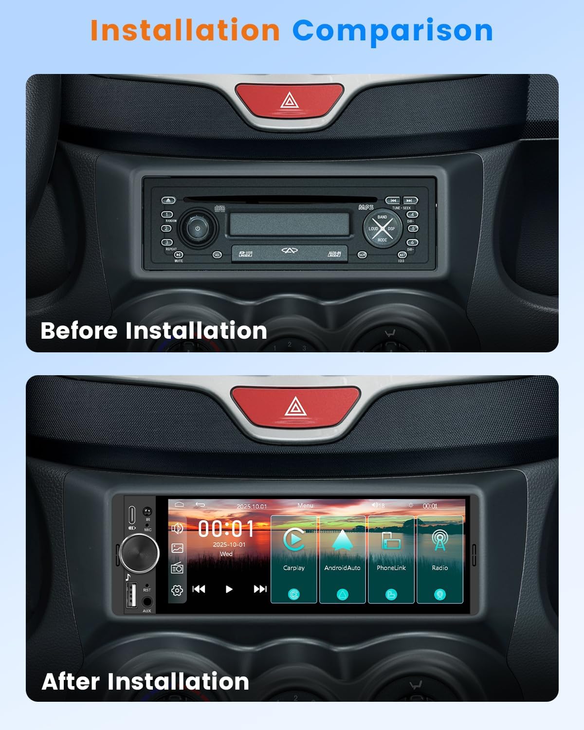 Hikity 1 DIN Autoradio con Bluetooth, CarPlay & Android Auto - immagine 2