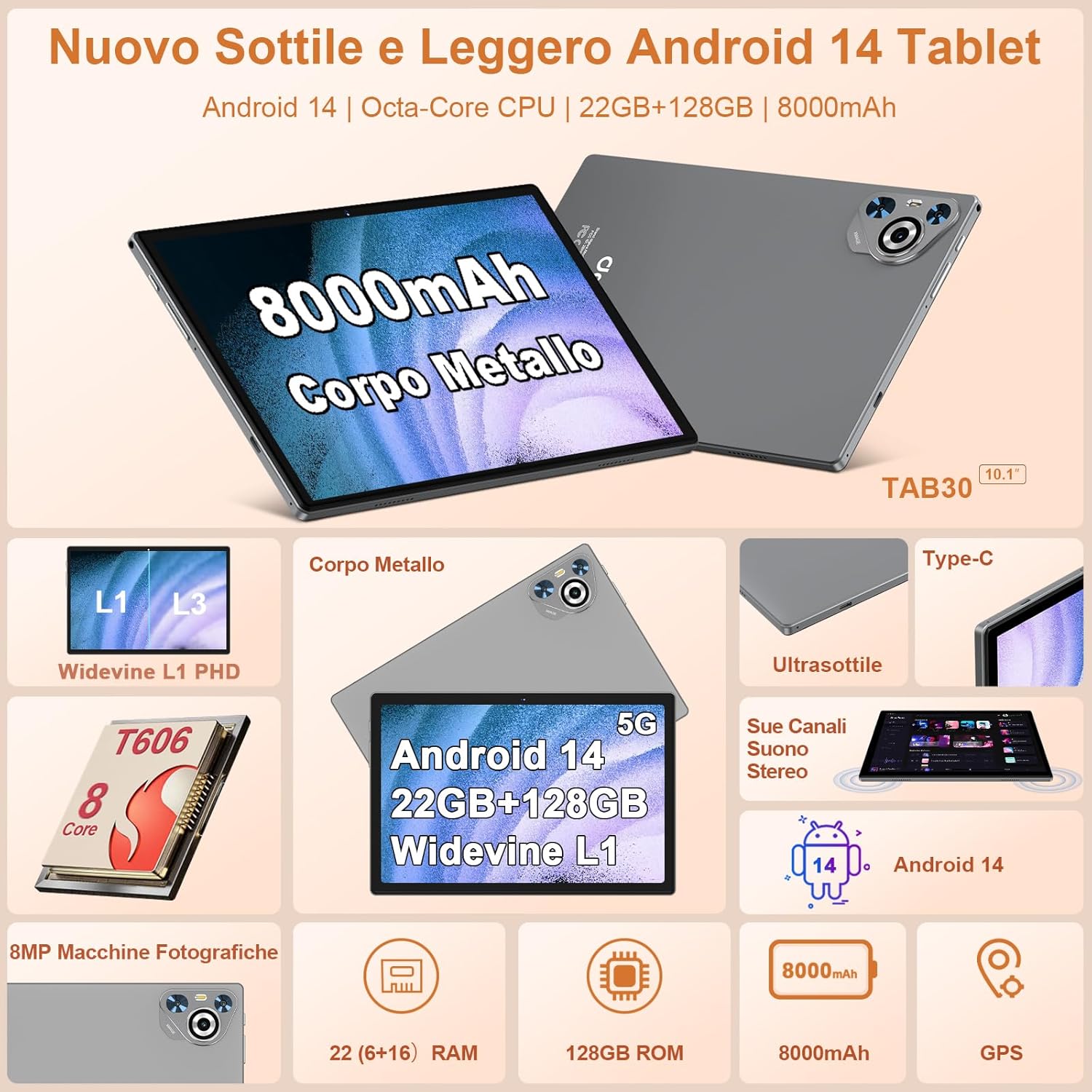 Tablet Android 10 Pollici 128GB ROM, Grigio - immagine 2
